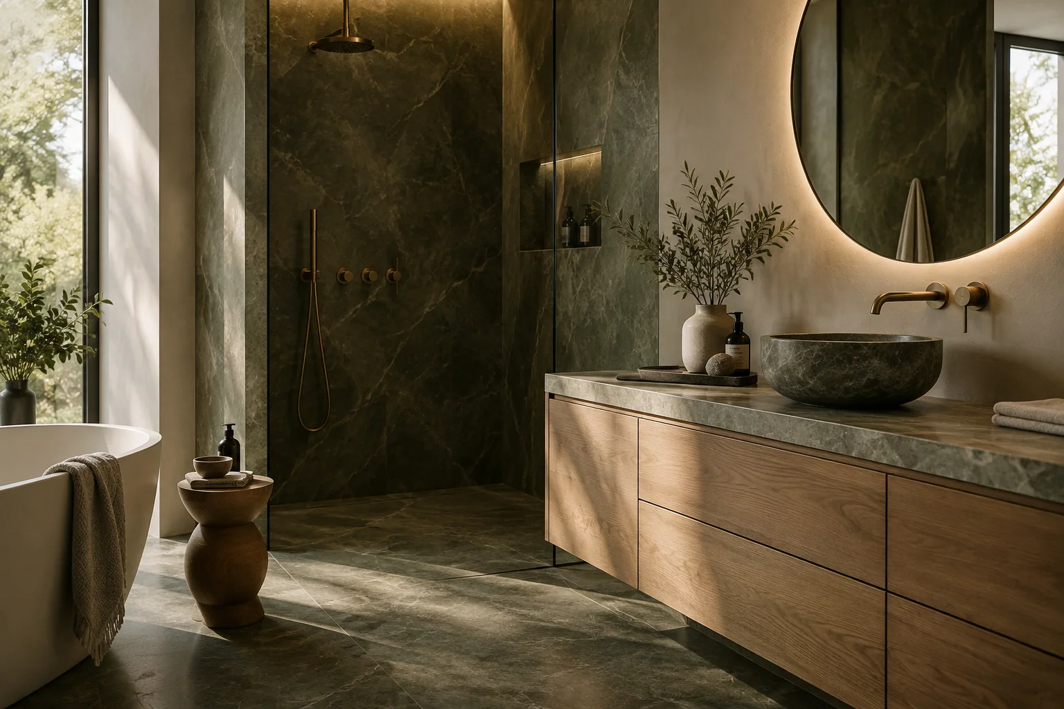 Illustrative olive stone bathroom with oak vanity